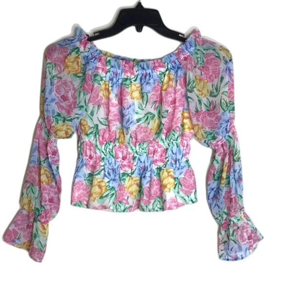WAYF off the shoulder floral bright lightweight ladies blouse small cute y2k - Picture 1 of 12